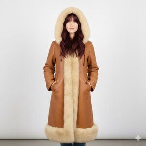 Vintage 70s Penny Lane Faux Leather Fur Trim Hooded Coat - XS/S 🇨🇦